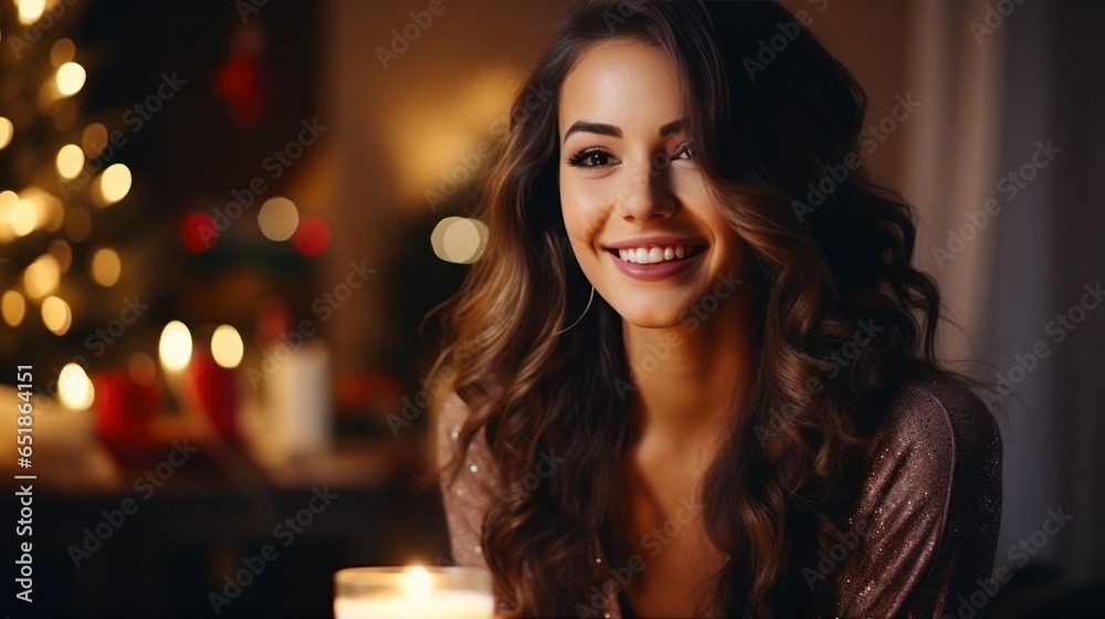 Woman drinks hot coffee near the fireplace in Christmas decorated room