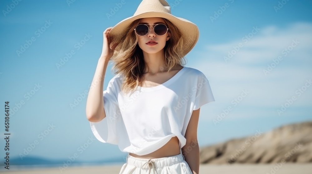 Minimalist seaside background with girl in fashion white wear