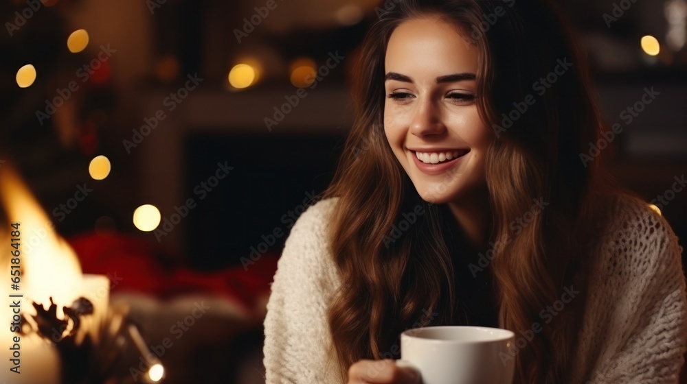 Woman drinks hot coffee near the fireplace in Christmas decorated room