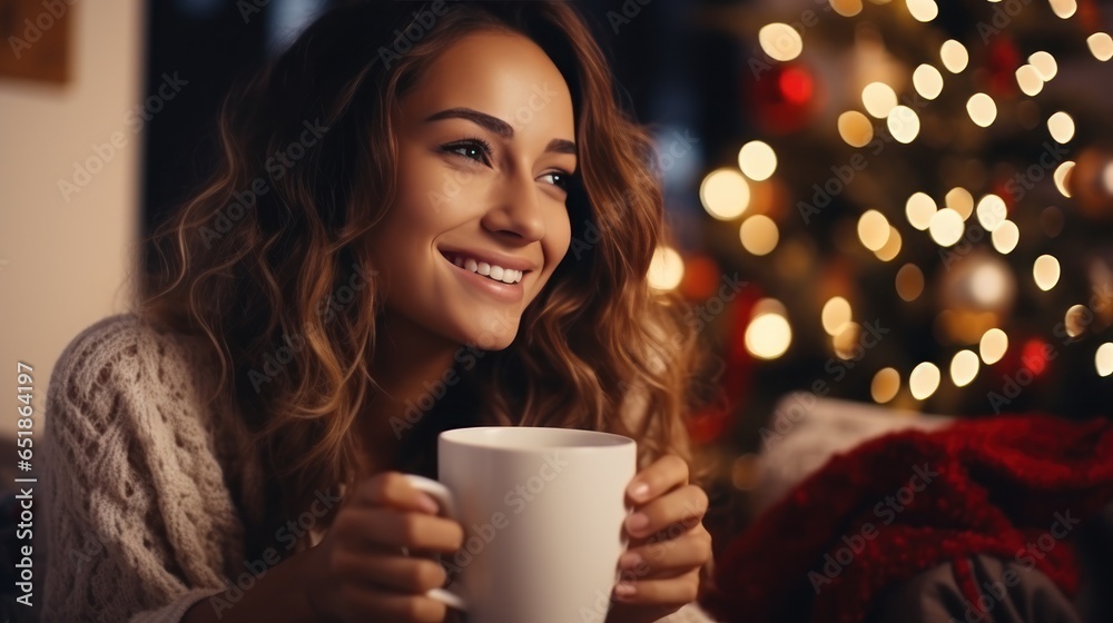 Woman drinks hot coffee near the fireplace in Christmas decorated room