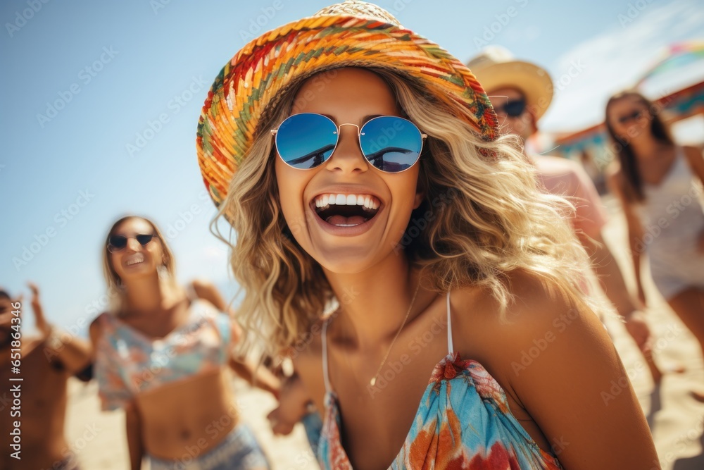 Joyful friends having fun at beach party