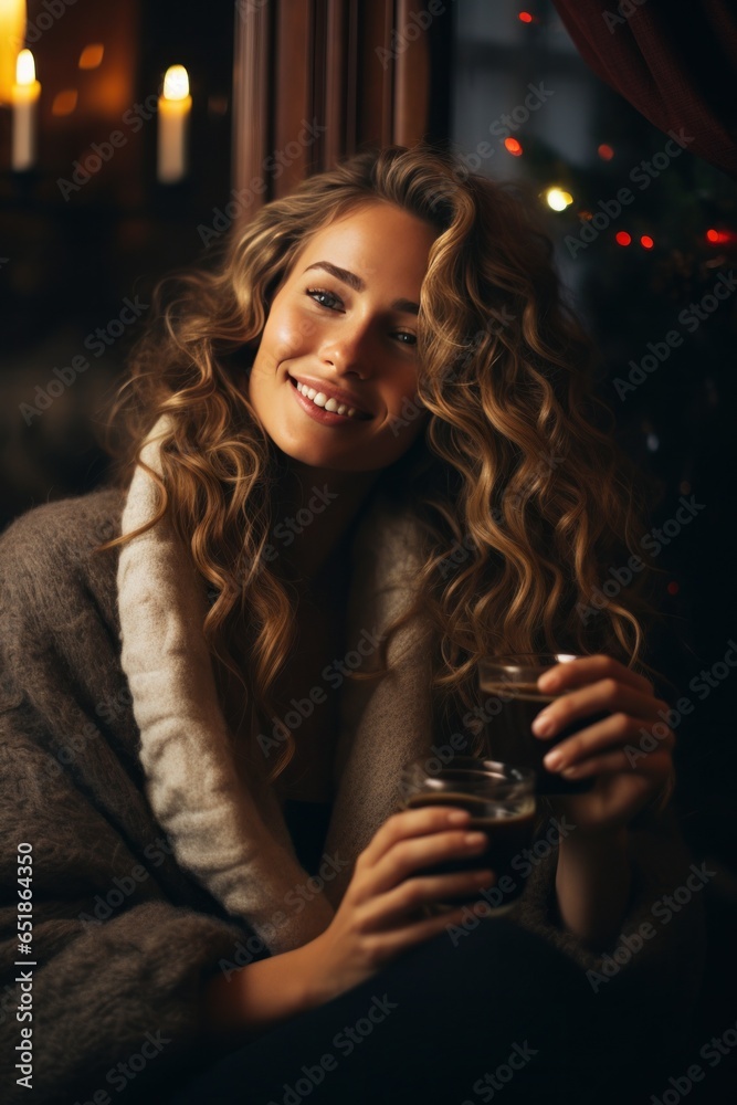 Woman drinks hot coffee near the fireplace in Christmas decorated room