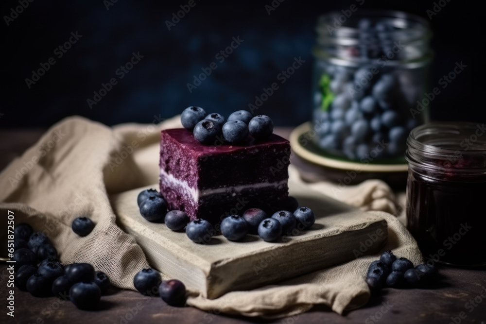 Homemade blueberry cheesecake on rustic wooden background.