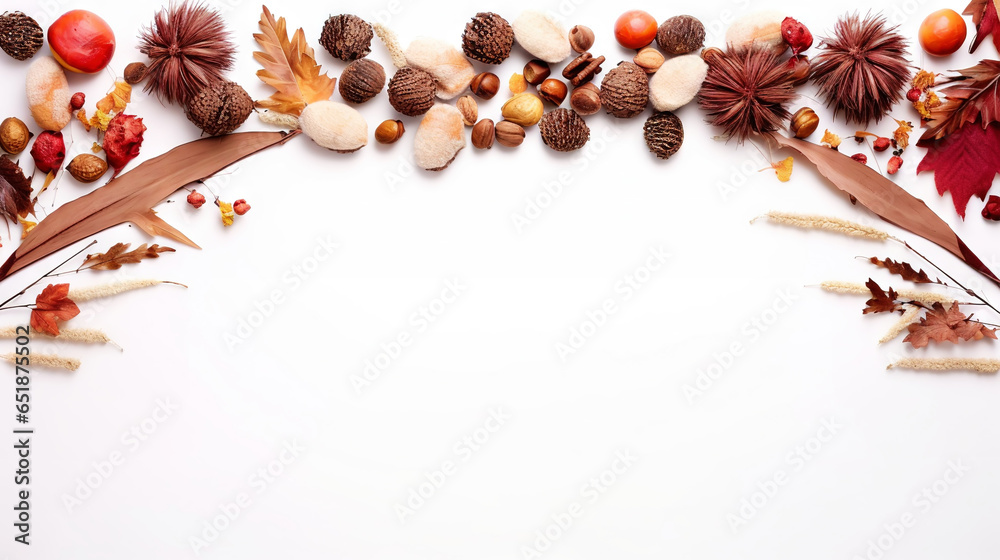 Autumn creative frame composition with dried leaves, chestnuts, red berries and cones on white background. Generative AI