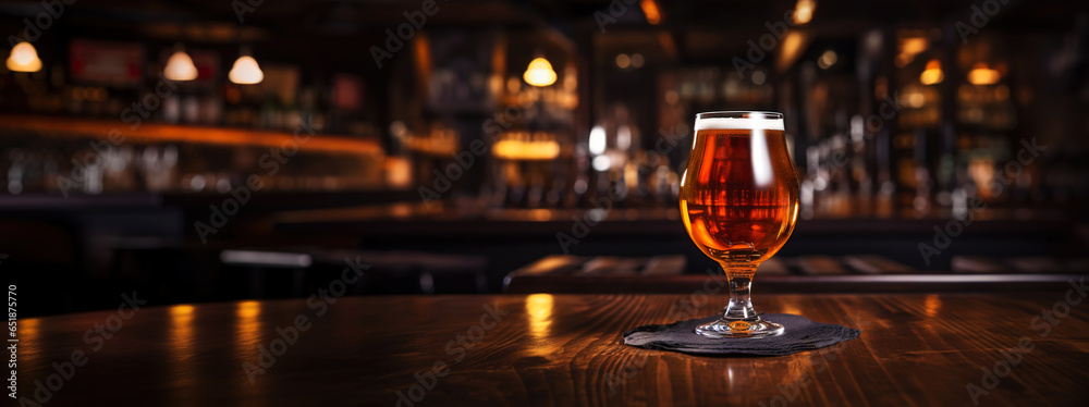 Snifter glass of light beer on bar table in a dark pub with copy space. Generative AI