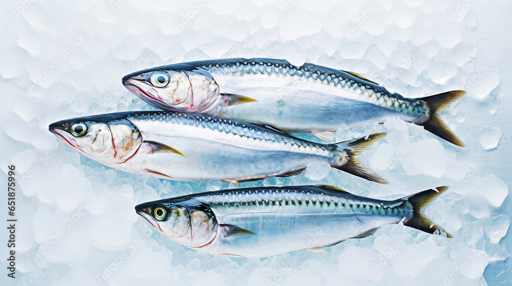 Fresh mackerel fish (Scomber scrombrus) on ice. Seafood background. Generative AI