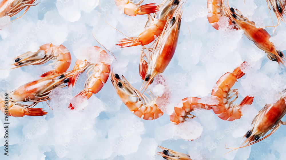 Top view of raw whole shrimps on ice. Seafood background. Generative AI