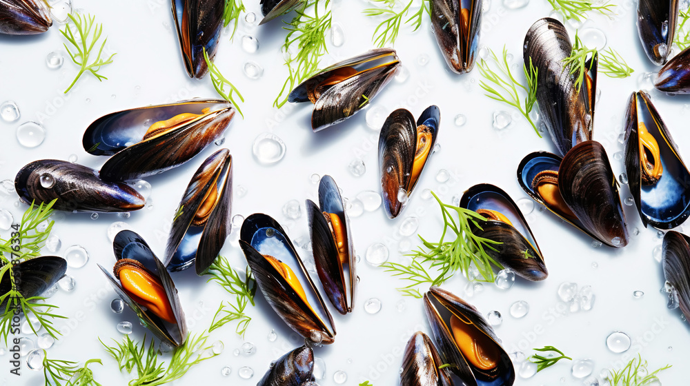 Raw Mussels on ice in the restaurant . Fresh seafood shellfish background. Generative AI