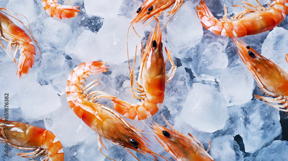 Top view of raw whole king prawns on ice. Seafood background. Generative AI