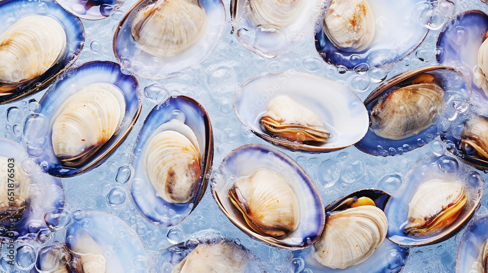 Top view on fresh clams in ice cubes. Sea food background. Generative AI