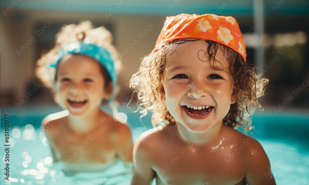 Young children enjoying swimming lessons in pool.