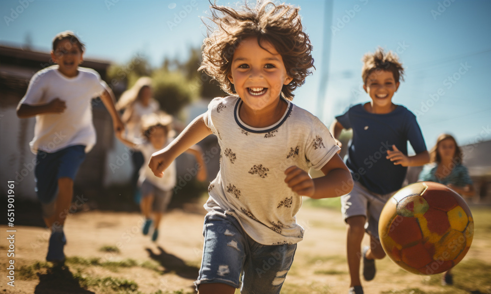 Cheerful kids playing football in the village.