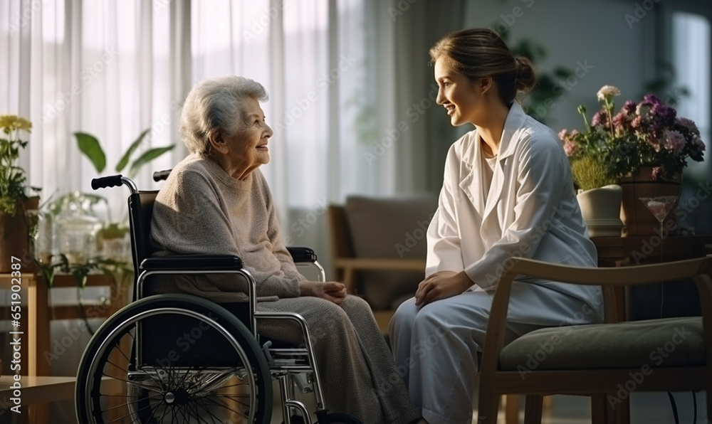 Doctor caregiver wearing uniform comforting and talking with senior woman, treatment, empathy and care.