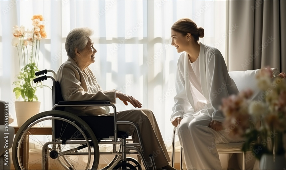 Doctor caregiver wearing uniform comforting and talking with senior woman, treatment, empathy and care.