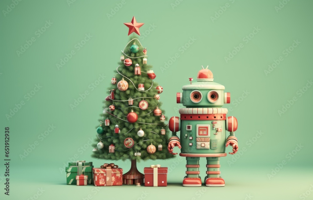 On a cold winters night, a robotic companion stands proudly next to a decorated spruce christmas tree, ushering in a futuristic and happy new year