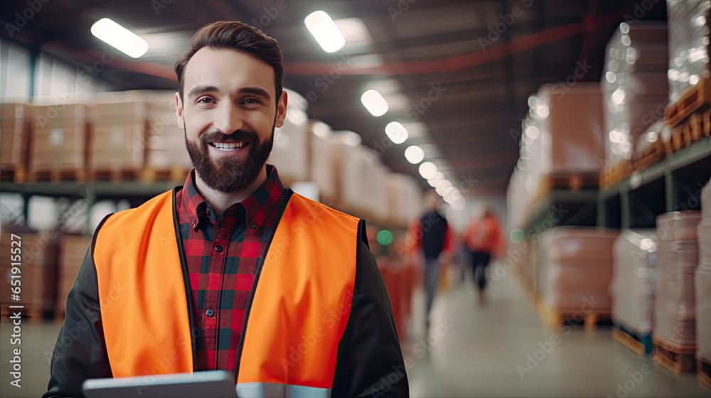 A good looking warehouse worker holding a tablet in his hand at large goods storage warehouse. Generative Ai