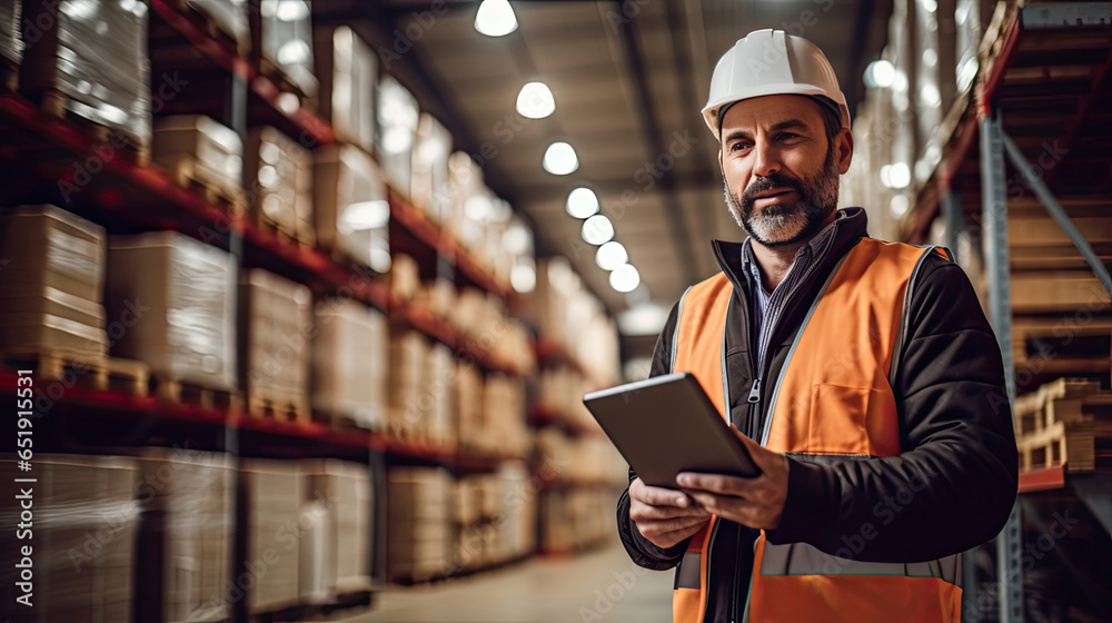 A good looking warehouse worker holding a tablet in his hand at large goods storage warehouse. Generative Ai