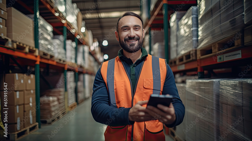 A good looking warehouse worker holding a tablet in his hand at large goods storage warehouse. Generative Ai