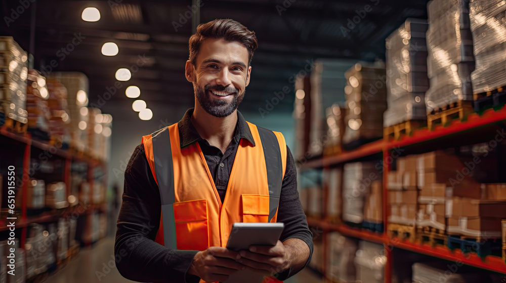 A good looking warehouse worker holding a tablet in his hand at large goods storage warehouse. Generative Ai