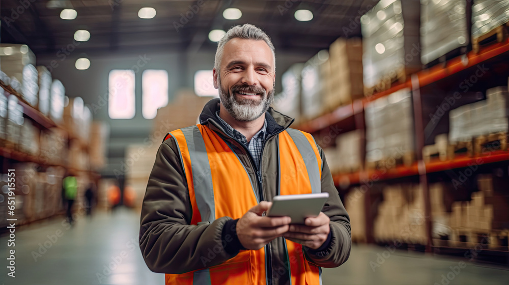 A good looking warehouse worker holding a tablet in his hand at large goods storage warehouse. Generative Ai