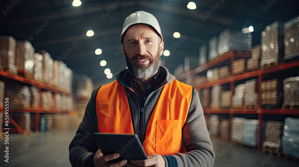 A good looking warehouse worker holding a tablet in his hand at large goods storage warehouse. Generative Ai