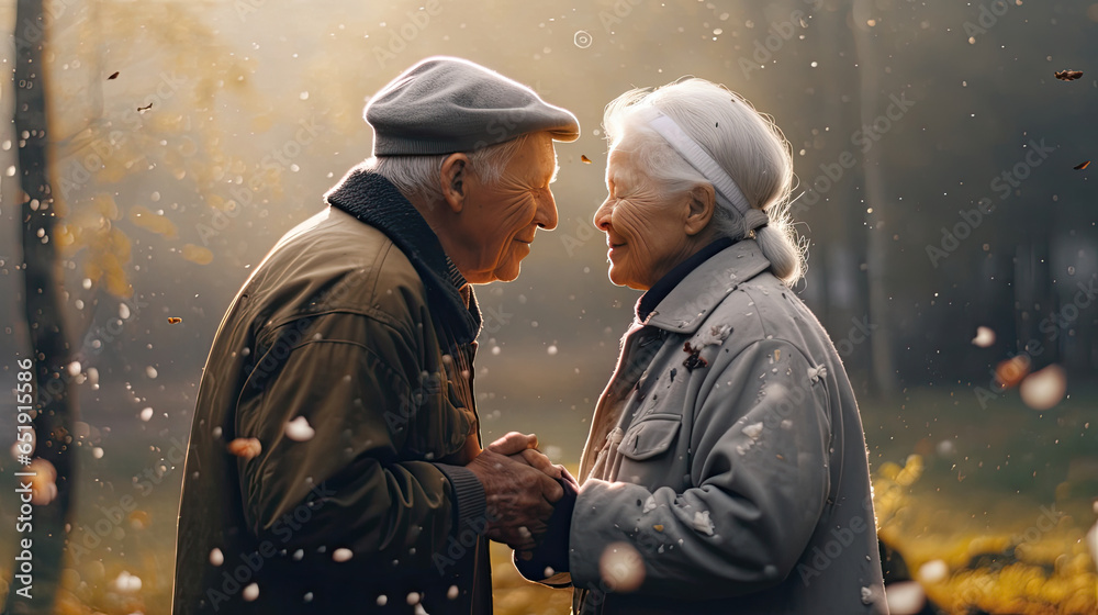 A happy elderly couple falling in love in the nature. elderly people. Generative Ai