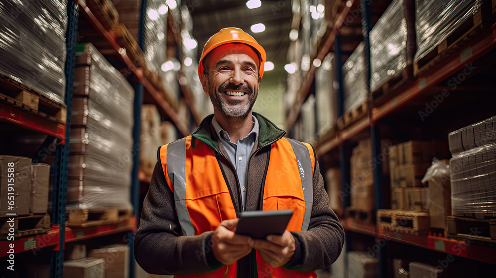 A good looking warehouse worker holding a tablet in his hand at large goods storage warehouse. Generative Ai