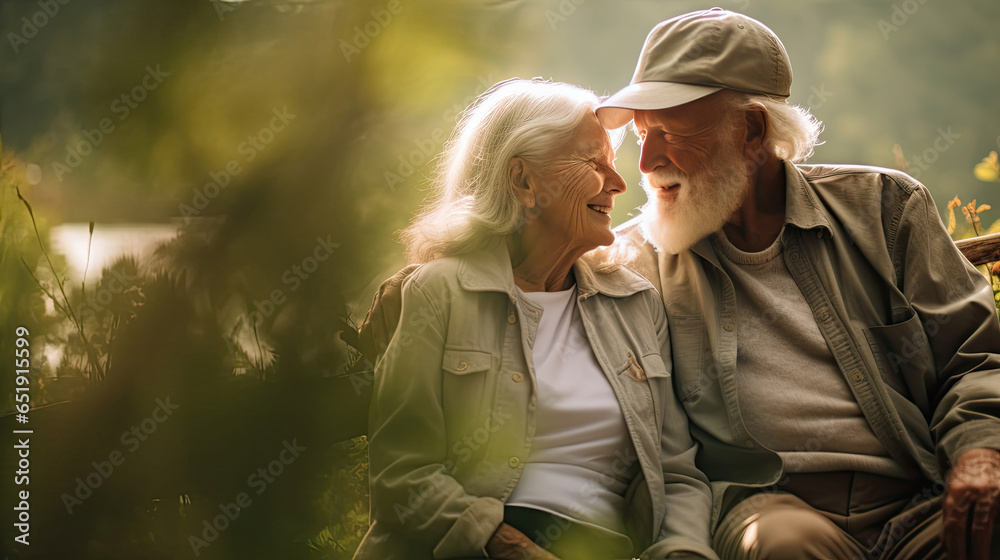 A happy elderly couple falling in love in the nature. elderly people. Generative Ai