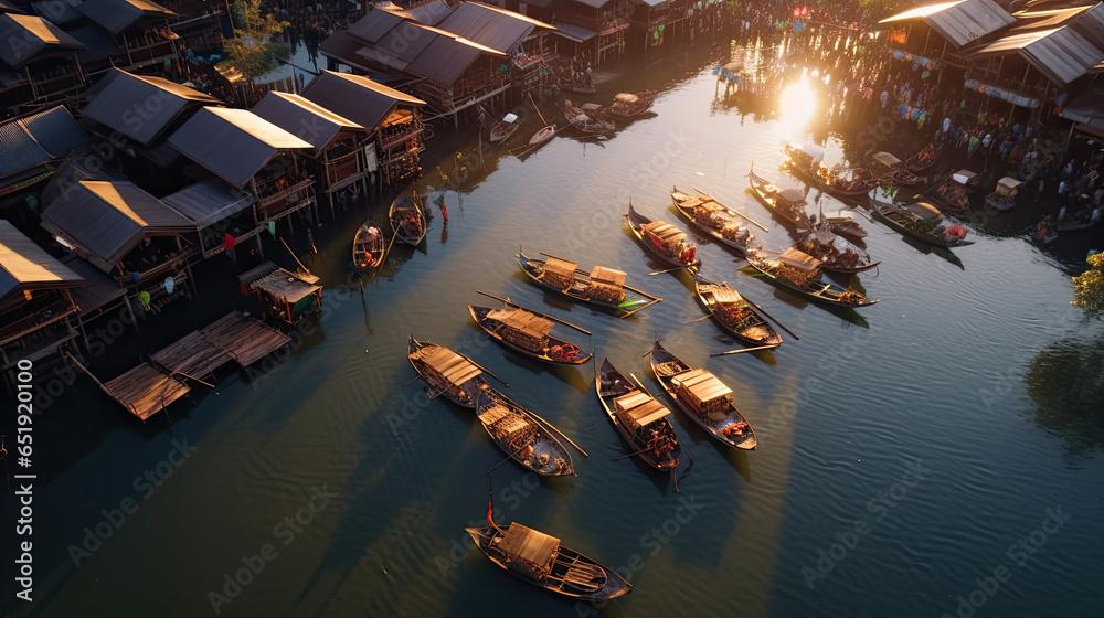 Aerial view of Floating Market Damnoen Saduak in Thailand. Generative Ai