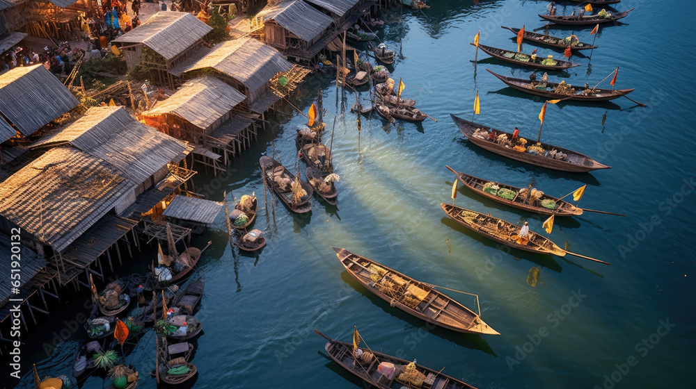 Aerial view of Floating Market Damnoen Saduak in Thailand. Generative Ai