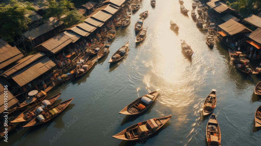 Aerial view of Floating Market Damnoen Saduak in Thailand. Generative Ai