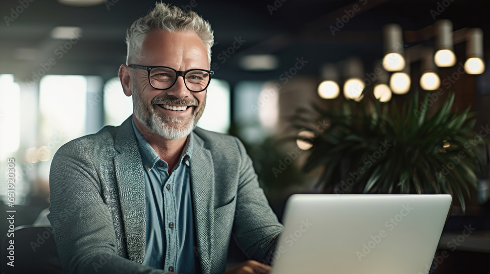 Happy mature businessman executive manager looking at laptop computer having remote virtual meeting. Generative Ai