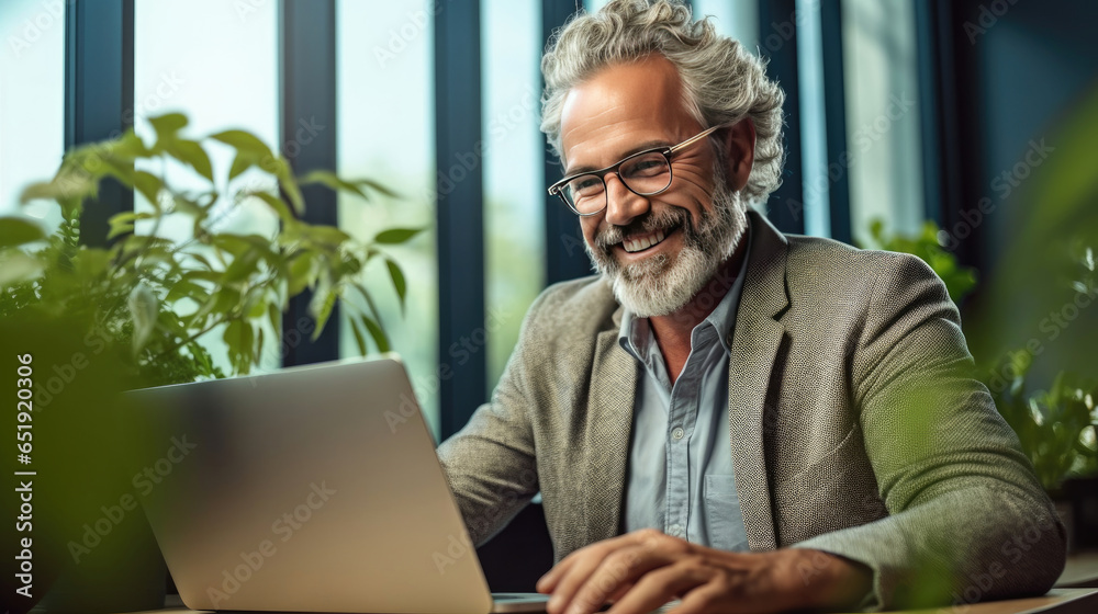 Happy mature businessman executive manager looking at laptop computer having remote virtual meeting. Generative Ai