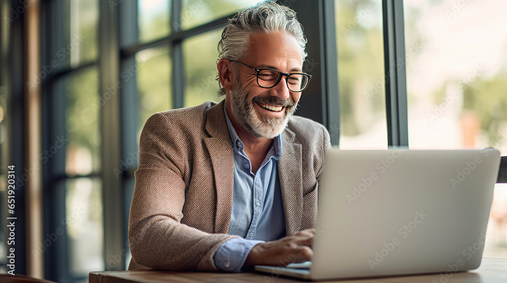 Happy mature businessman executive manager looking at laptop computer having remote virtual meeting. Generative Ai