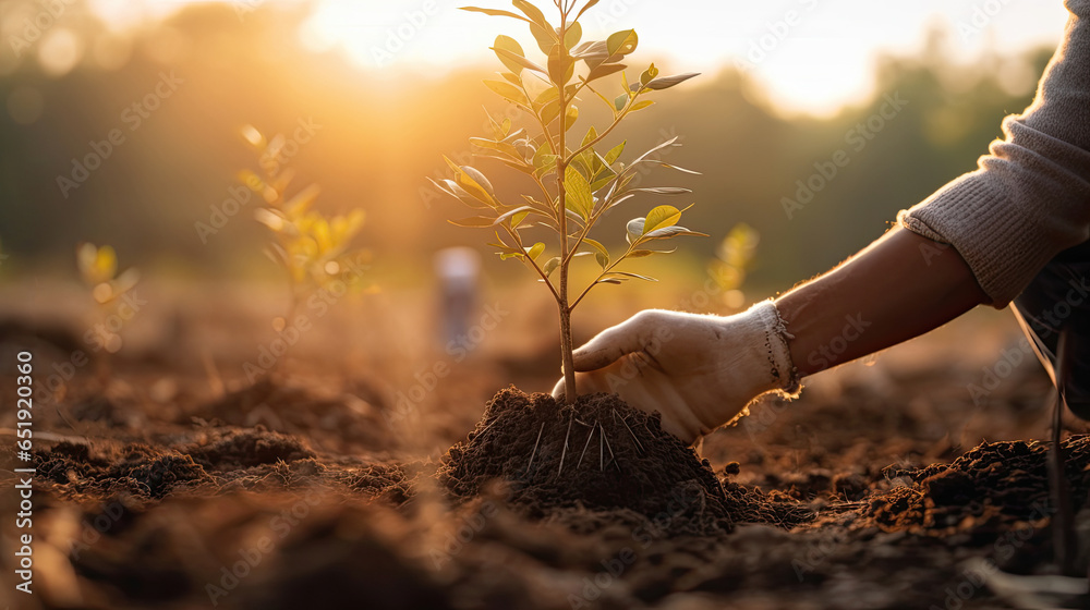 Person planting trees, Concept of community participation in environmental conservation and sustainability. Generative Ai