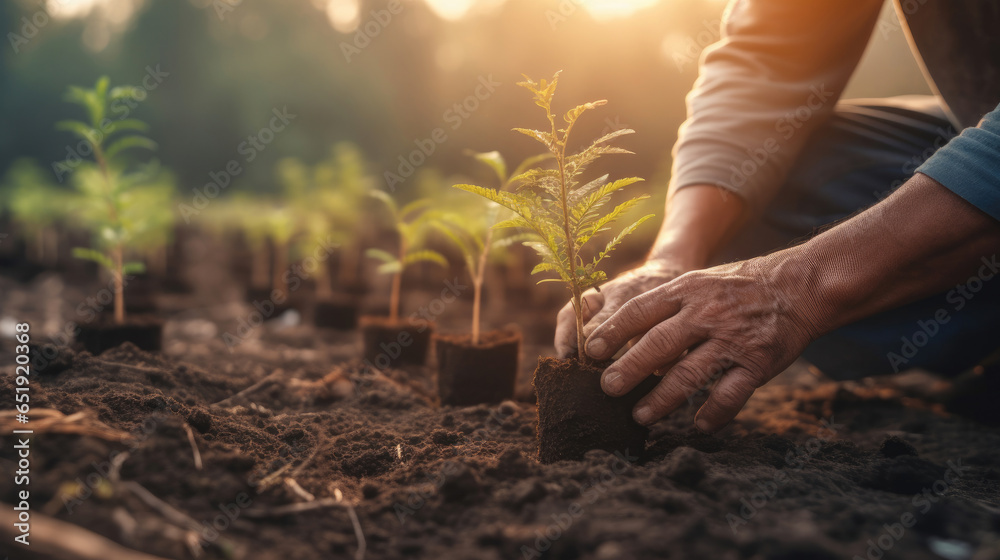 Person planting trees, Concept of community participation in environmental conservation and sustainability. Generative Ai