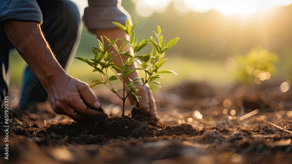 Person planting trees, Concept of community participation in environmental conservation and sustainability. Generative Ai