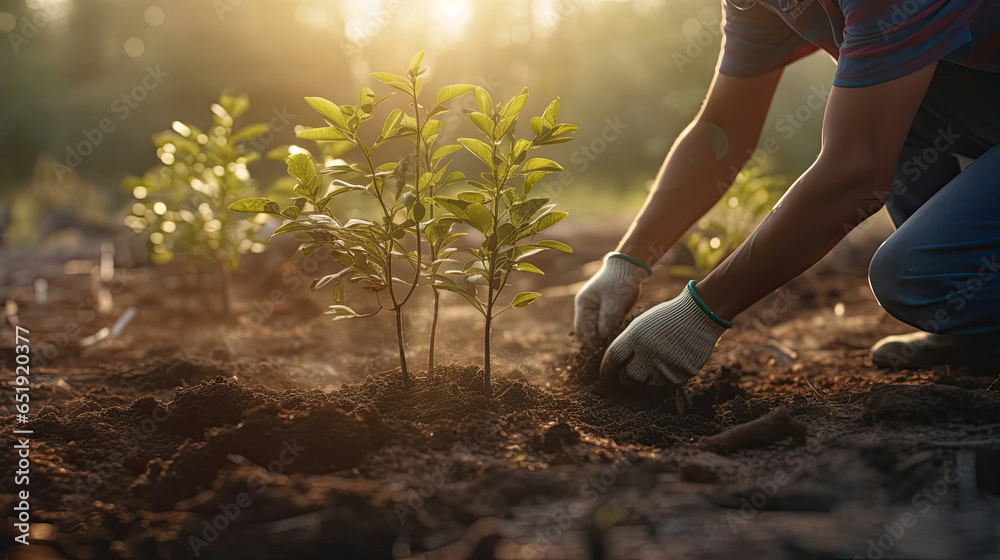 Person planting trees, Concept of community participation in environmental conservation and sustainability. Generative Ai