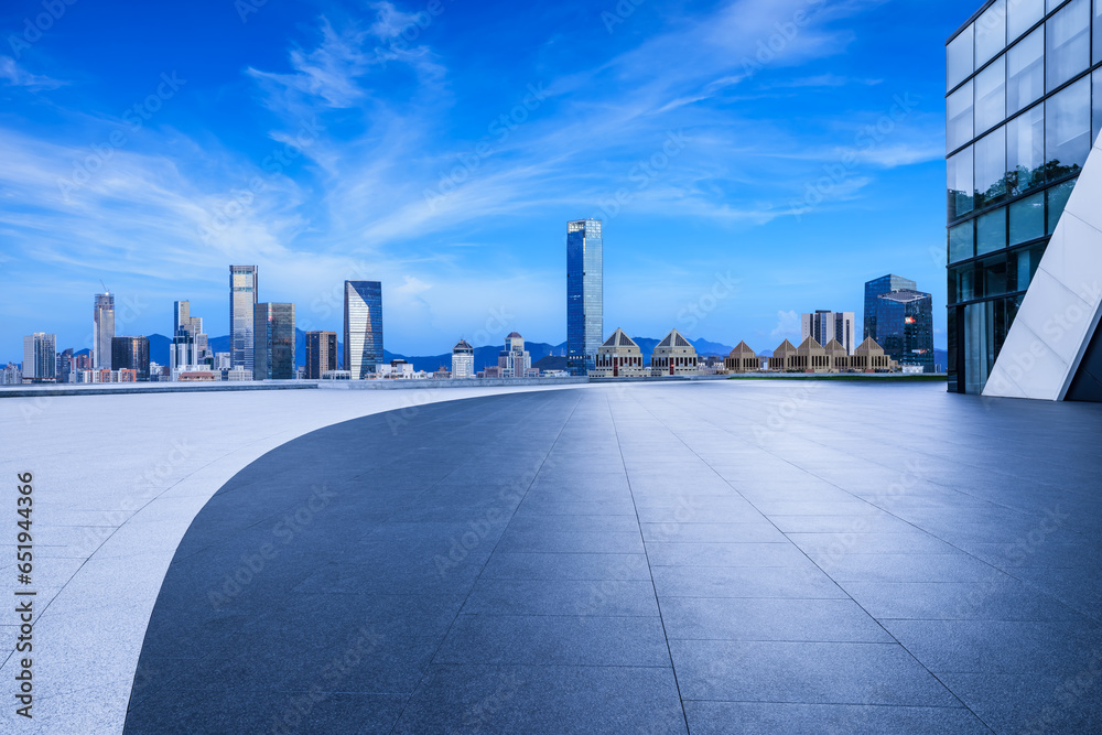 City square and skyline with modern buildings 