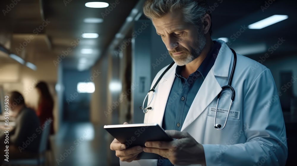 Doctor intently reviewing a patients electronic health records in office at hospital.