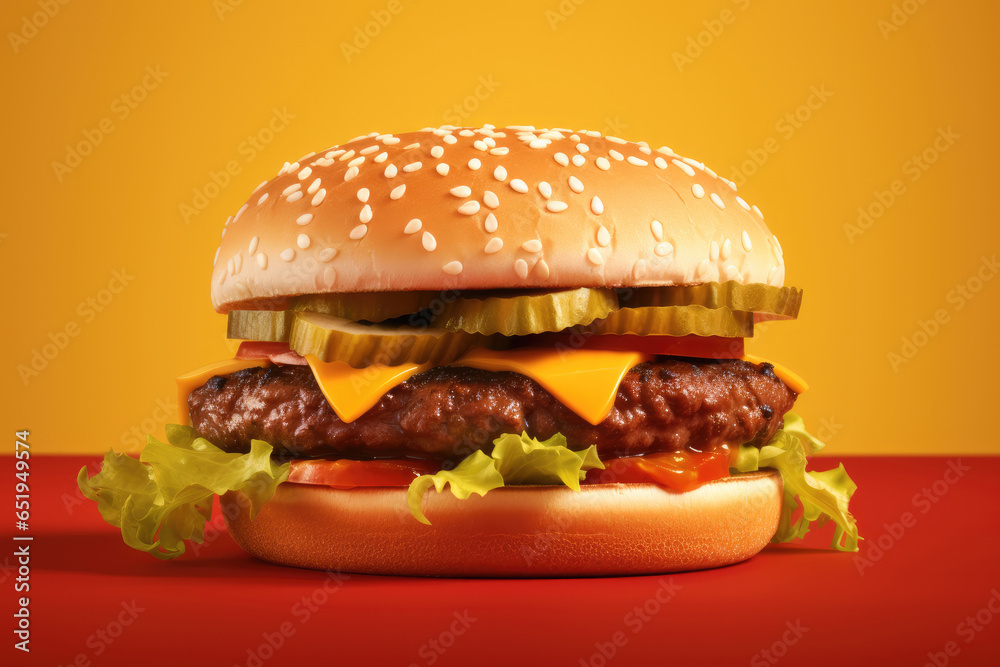 A hamburger on a yellow background.