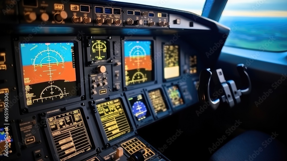 Close-up of airline flight deck and controls.