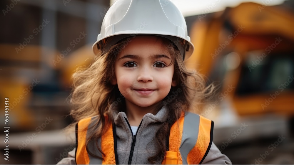 Little girl wearing a construction worker uniform against a construction site background.