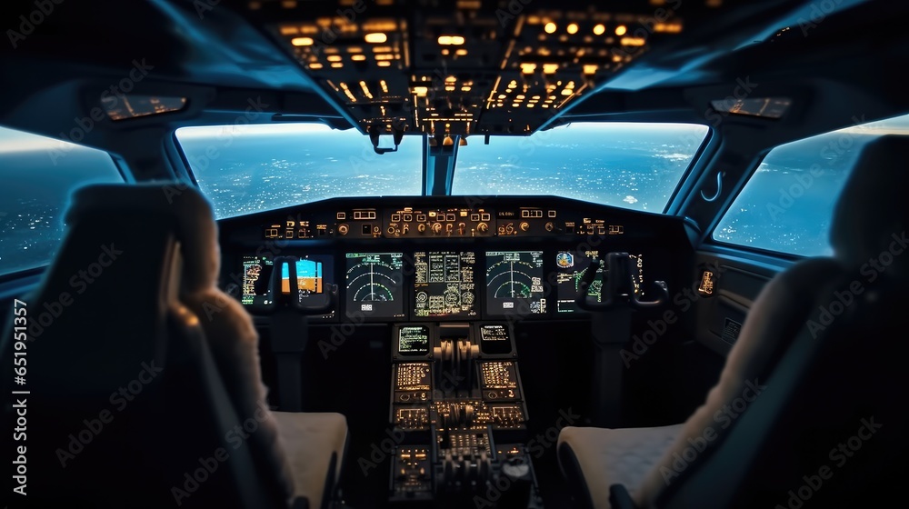 Cockpit of a large commercial airplane a cockpit trainer, Commercial aircraft cruising control panel in a plane cockpit.