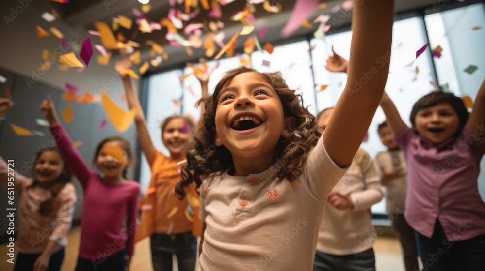 Group of kids dancing in the classroom celebrating having confetti.