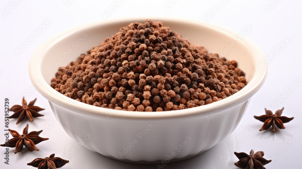 Ground cloves in white ceramic bowl isolated on white background.