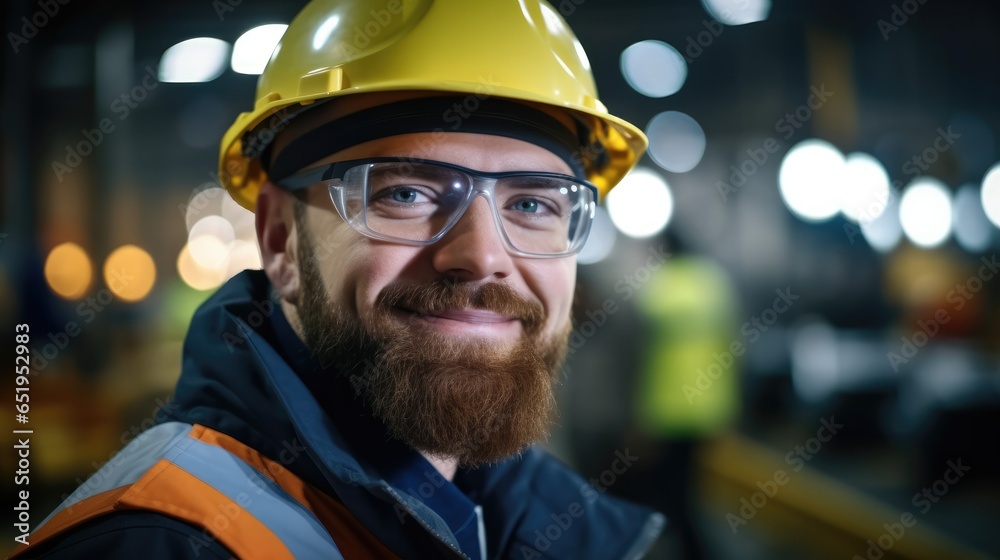 Portrait of Industrial Engineer wearing hard hat working in big heavy industry factory.