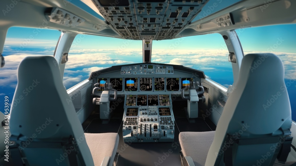 Cockpit of a large commercial airplane a cockpit trainer, Commercial aircraft cruising control panel in a plane cockpit.