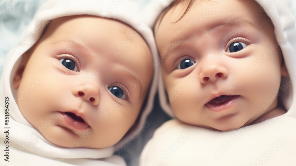 Newborn twins boy and girl on bed.