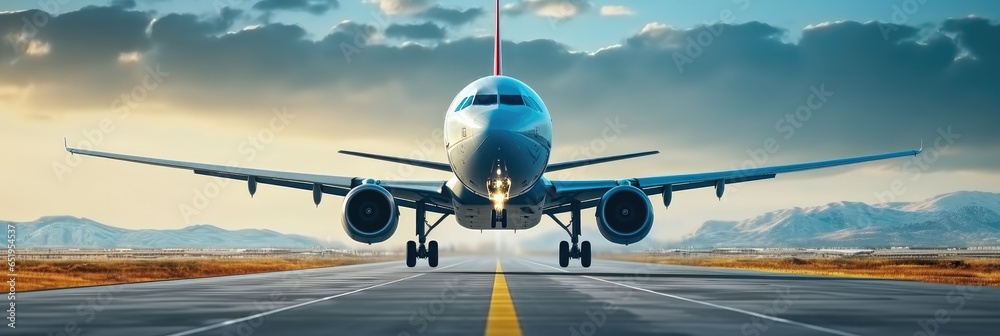 Airplanes taxiing on runway at sunset.